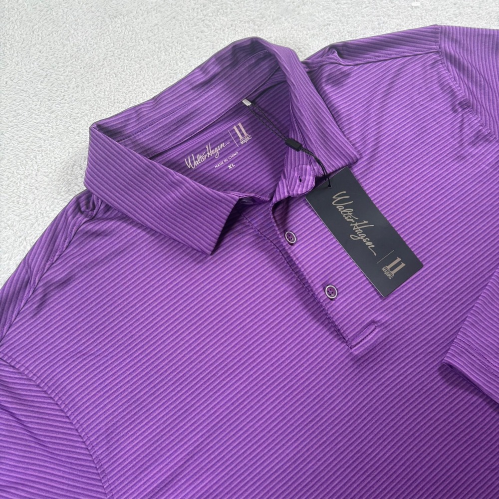 Walter Hagen Mens XL Long Sleeve Stripe Golf Polo Royal Purple HydroDri MGA31210